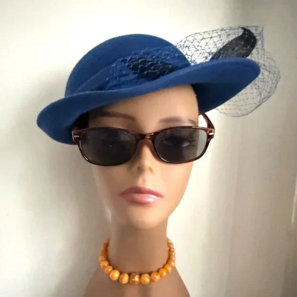 Vintage 50s USA Bollman Tilt Hat Cobalt Royal Blue Wool Brim Veil Feather Fedora